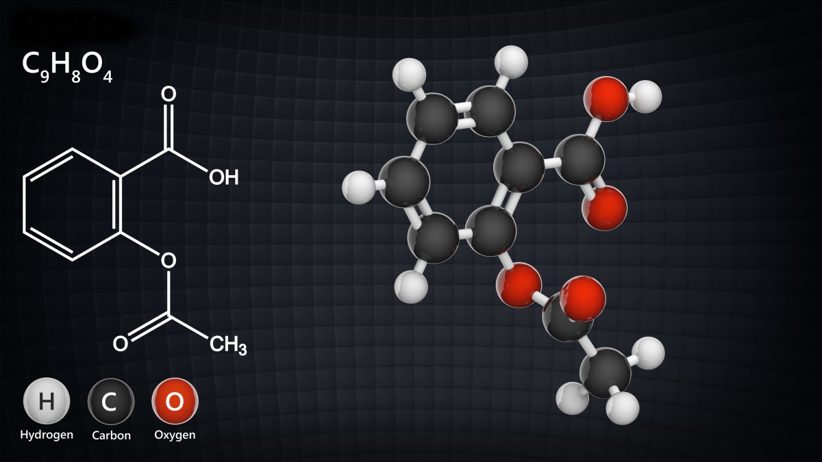 Ķīmiskā formula Acetilsalicilskābe (sāpes un iekaisums)